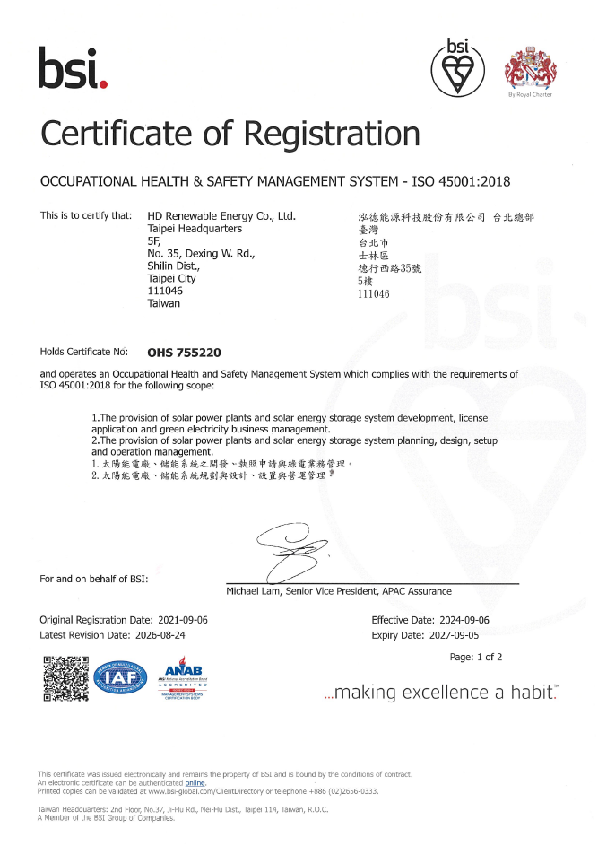 Iso 45001 職業安全衛生管理系統驗證證書 (證書有效期~2027.09.05)