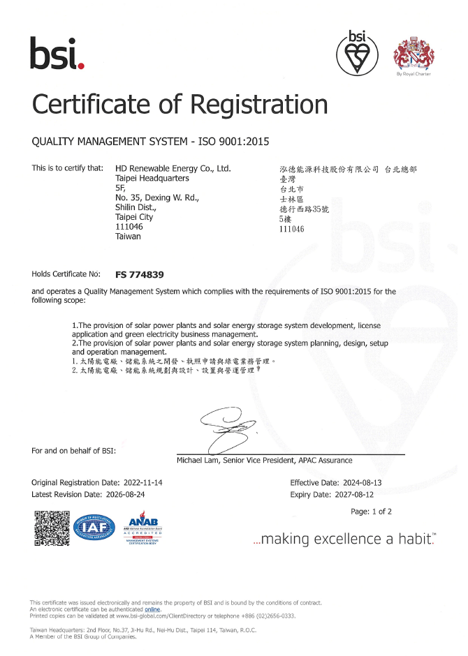 Iso 9001 品質管理系統驗證證書 (證書有效期~2027.08.12)